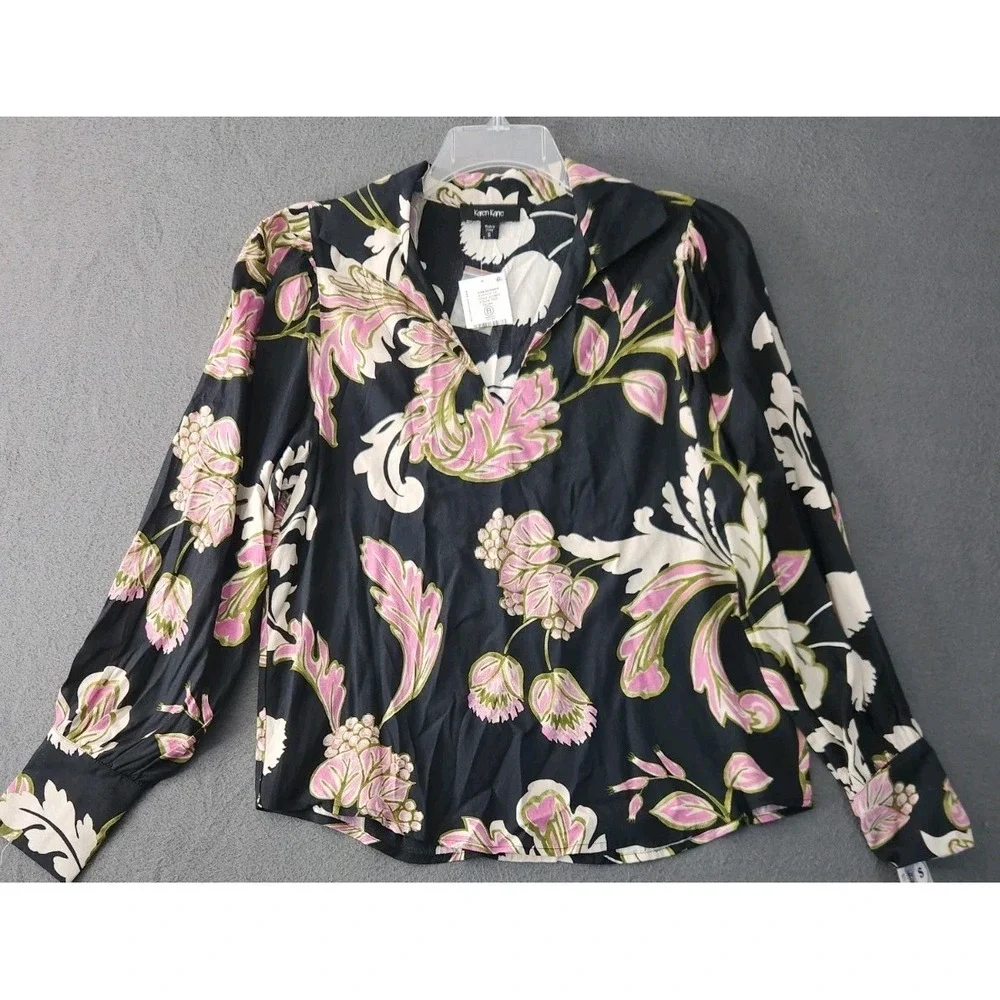 NWT Karen Kane S Black Floral Viscose Blouson Romantic Peasant Shirt Top $148